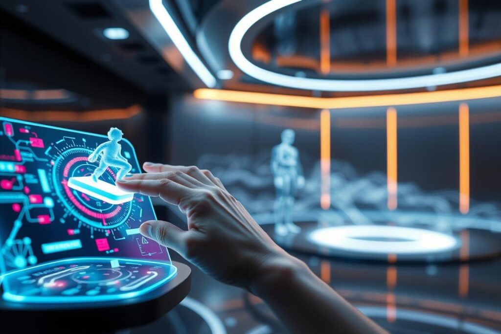 A sleek, futuristic scene showcasing X-Adam's cutting-edge sensory technology. In the foreground, a human hand interacts with a holographic interface, controlling a 3D model that hovers in midair. The interface is surrounded by a kaleidoscope of vibrant, pulsing lights, representing the diverse sensory inputs being processed. In the middle ground, a transparent human figure is enveloped in waves of data, symbolizing the seamless integration of the digital and physical realms. The background depicts a minimalist, metallic environment, with subtle neon accents hinting at the advanced nature of the technology. The lighting is a balance of cool, futuristic tones and warm, inviting hues, creating an atmosphere of technological wonder and human-centric design. Prompt