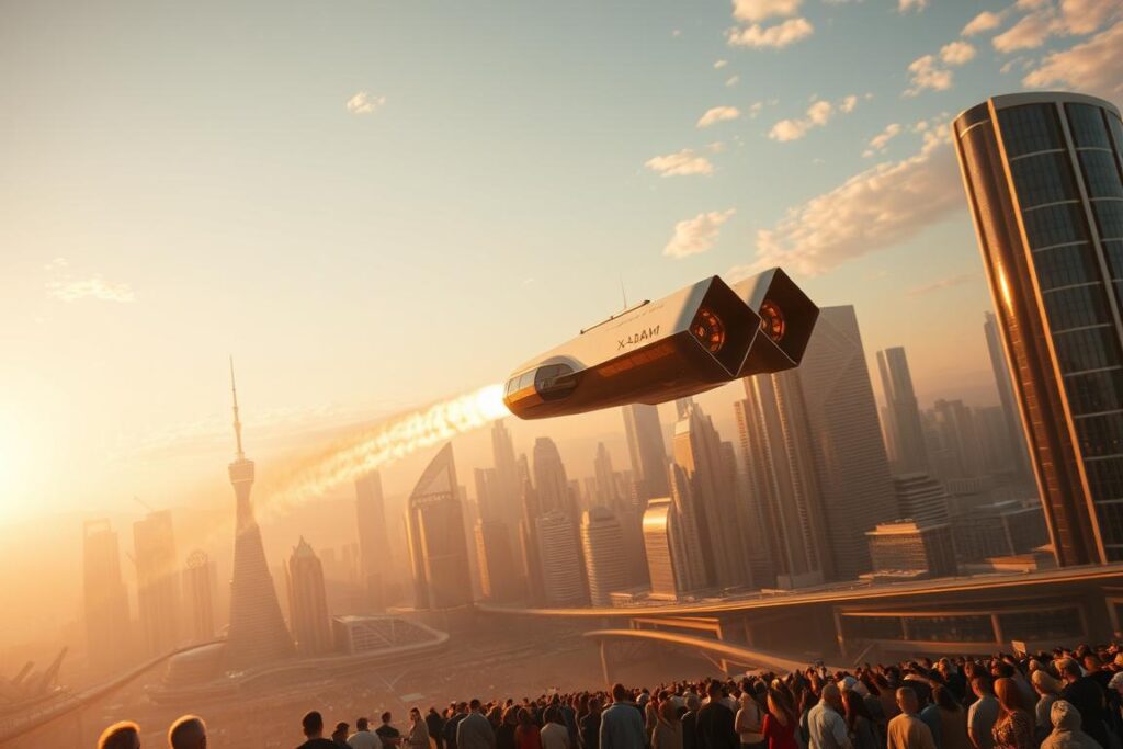 A sprawling cityscape of gleaming skyscrapers and futuristic architecture, bathed in warm, golden light. In the foreground, a sleek, X-Adam spacecraft takes flight, its engine trails leaving a dramatic plume of vapor. People gather below, gazing upwards in awe as the startup's revolutionary technology propels humanity into a new era of space exploration. The scene exudes a sense of progress, innovation and the boundless potential of private enterprise to shape the future of space travel. exploração espacial